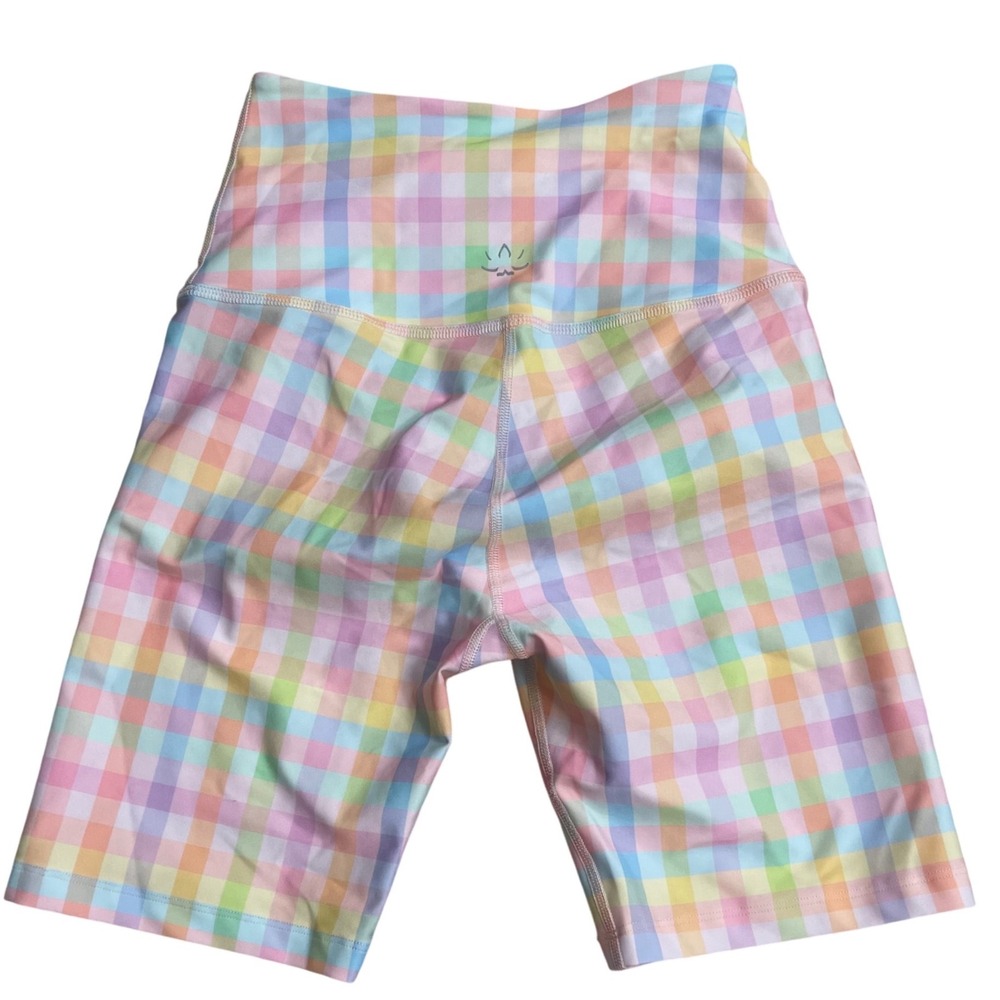 Beyond Yoga Pastel Rainbow Gingham High Waisted Biker Shorts Small EUC athletic